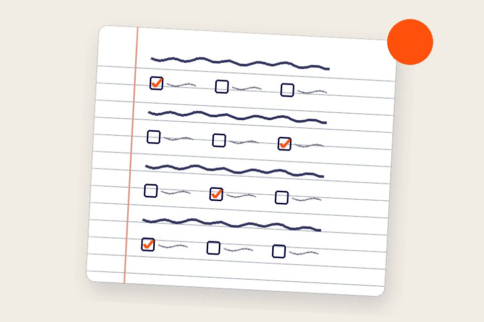 Illustration : questionnaire à choix multiples sur papier ligné, une case cochée en orange par question